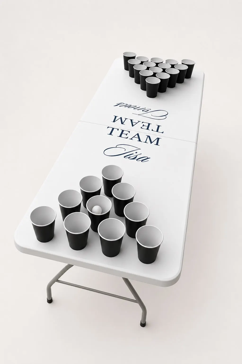 A beer pong table personalised with a guest team name