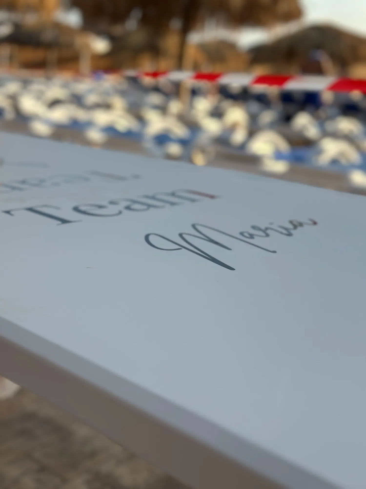 Close up of hand lettered team names on a beer pong table