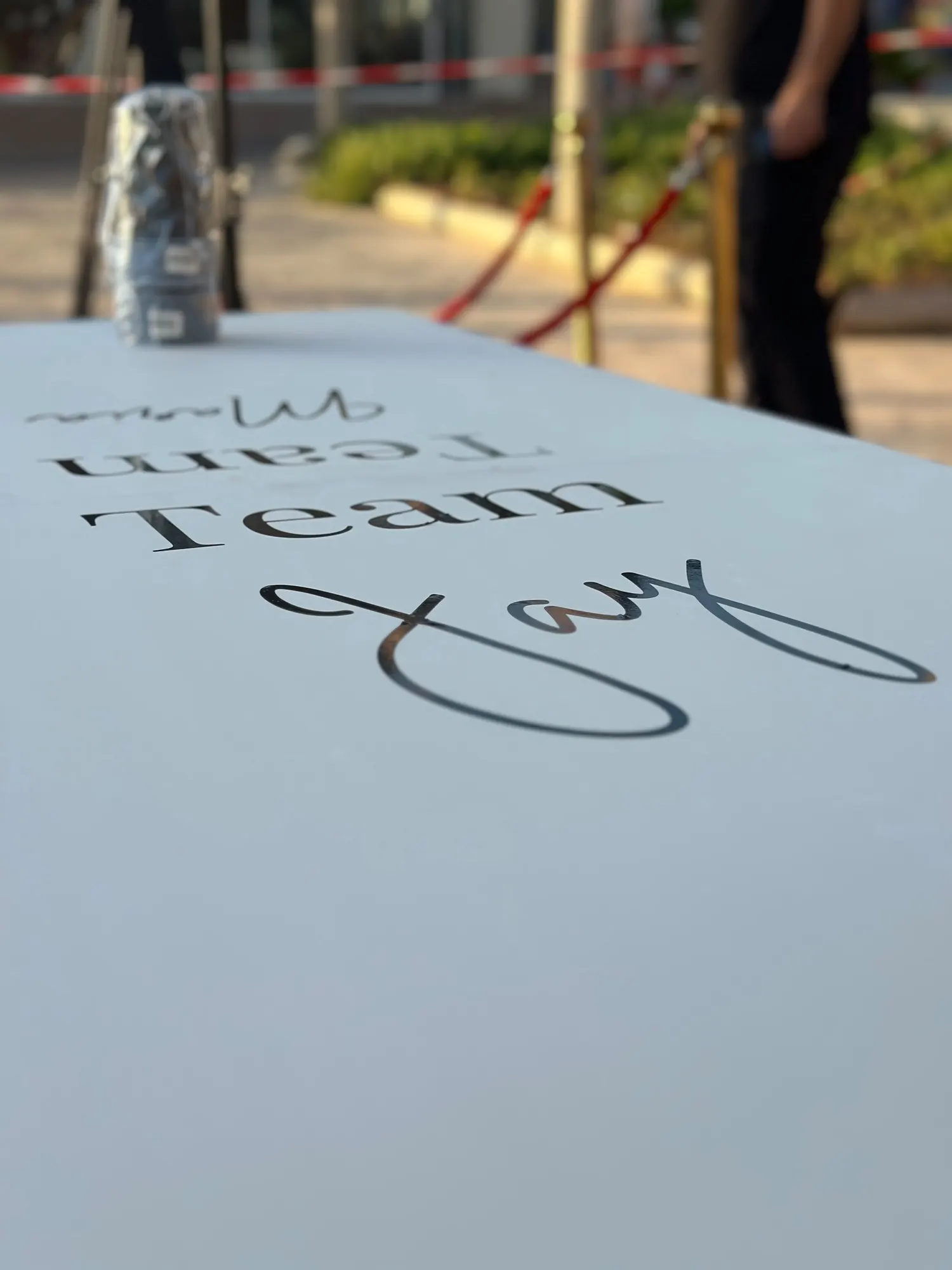 A personalised beer pong table beside red rope stanchions