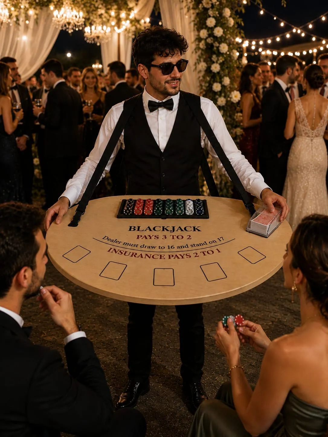 A dealer working a black tie crowd with a blackjack table strapped on