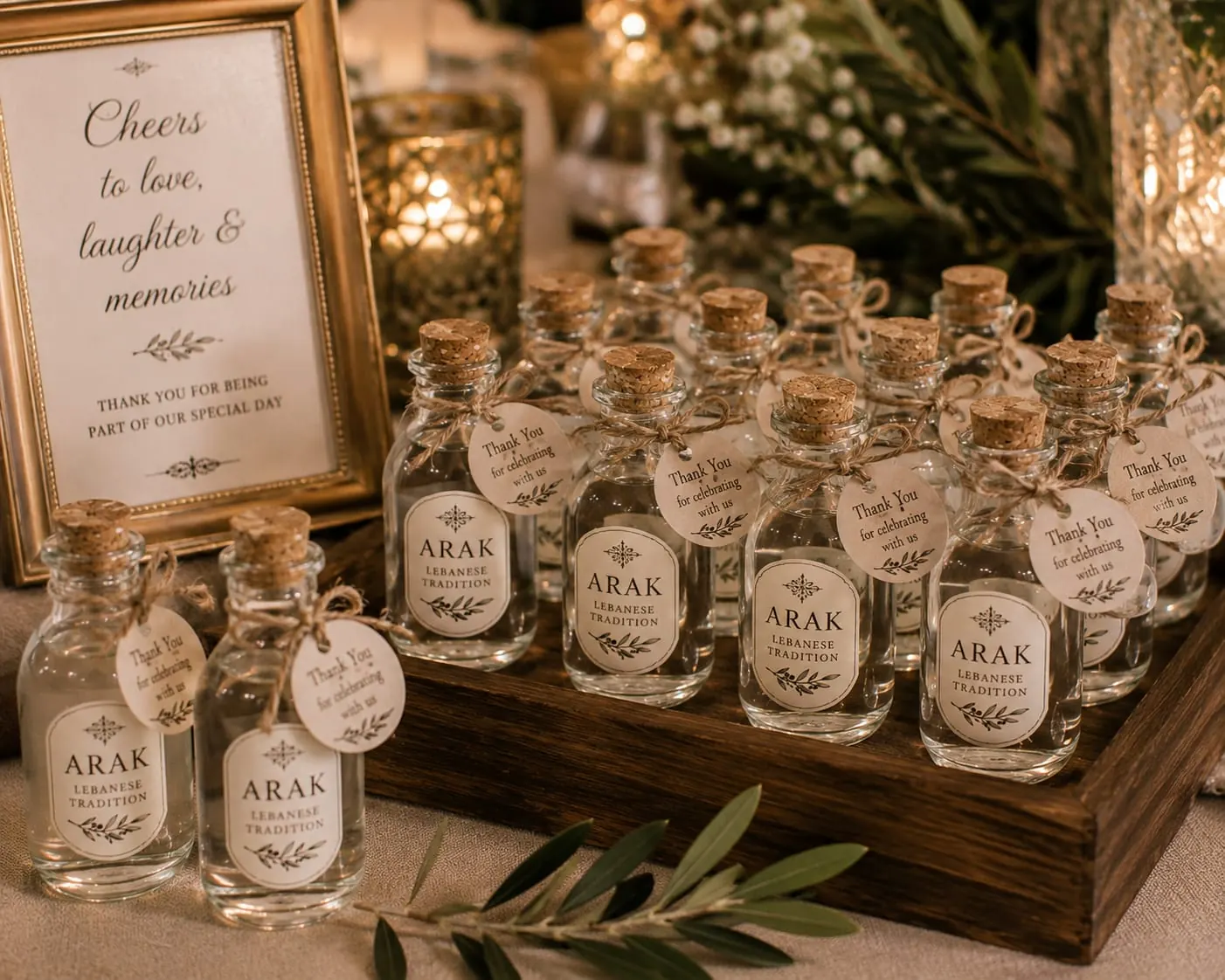 Small arak souvenir bottles with printed tags arranged on a wooden tray