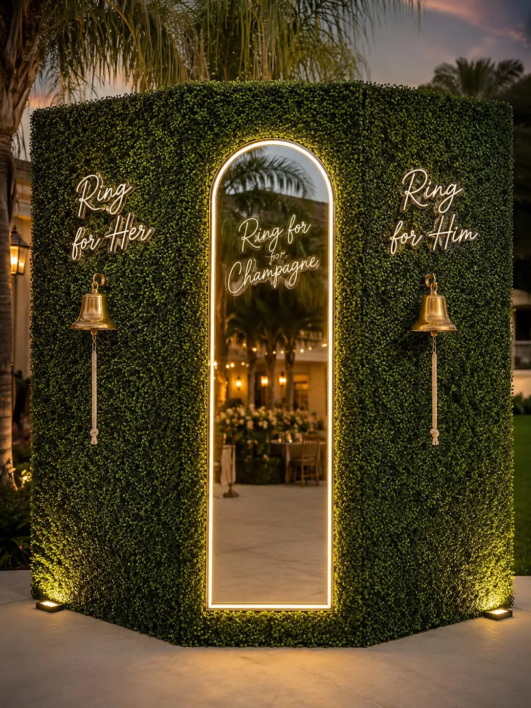 A hedge wall with a lit arch mirror and two service bells labelled Ring for Her and Ring for Him