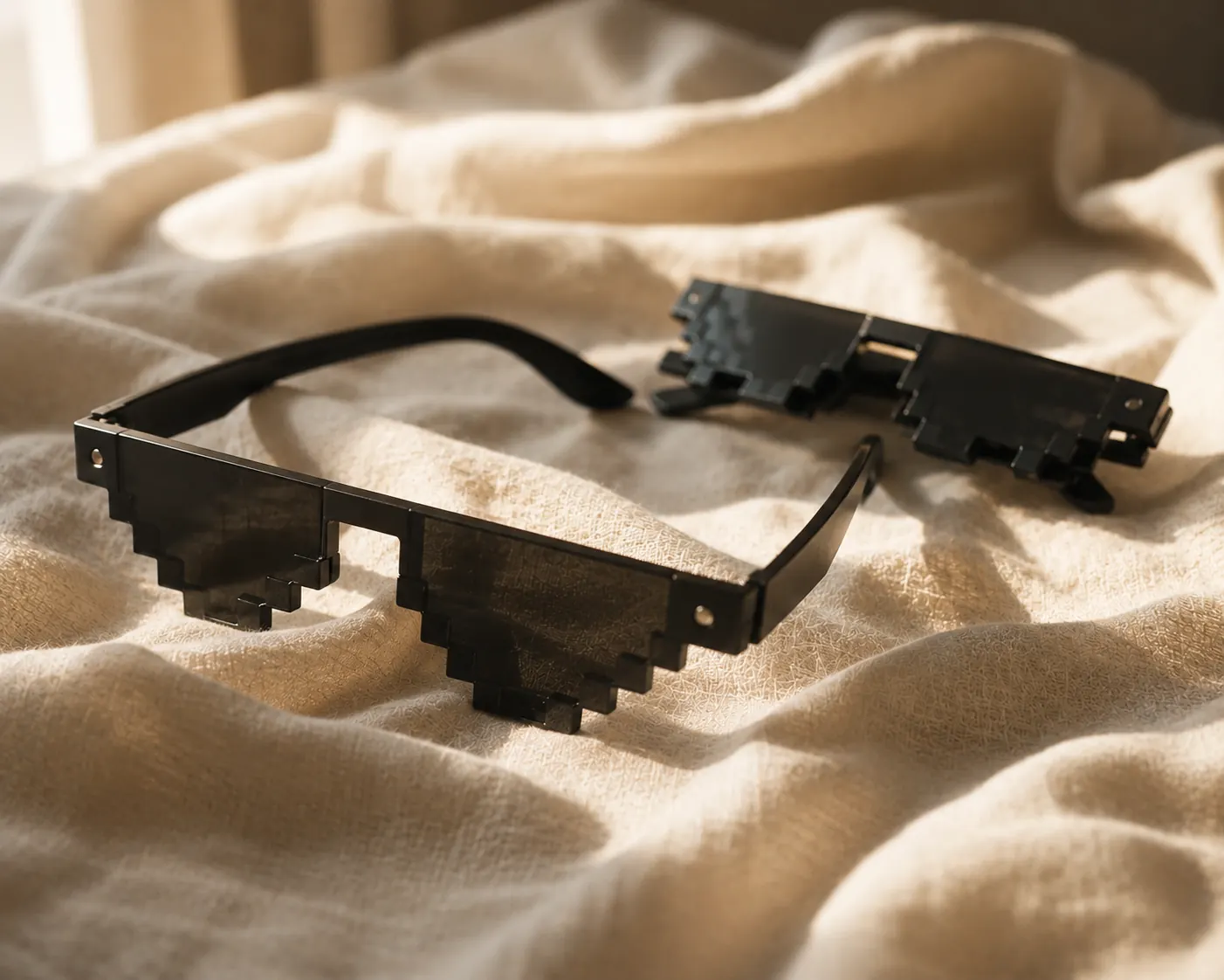 A pair of black pixel sunglasses laid on linen in warm afternoon light